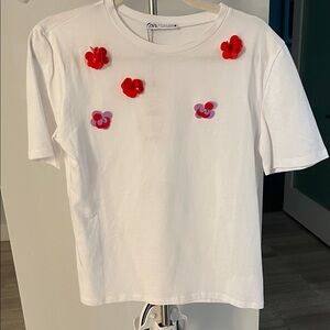 Zara White Tee with Red and Purple Floral Details